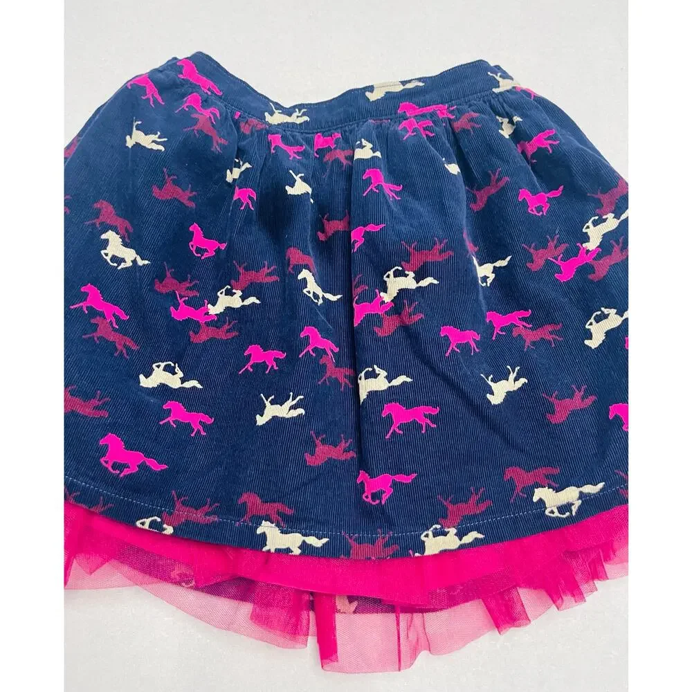 Gymboree Girl’s Navy Blue Corduroy w/ Tulle Equestrian Horse Print Skirt 7